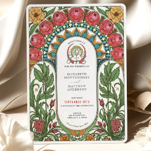 Red Peonies & Yellow Roses Art Nouveau Wedding Invitation