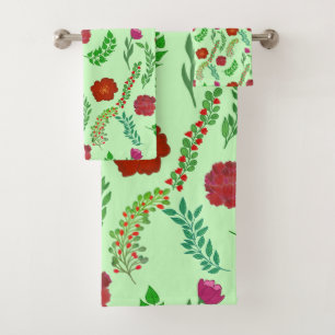 RED PEONY AND POPPY FLOWERS WITH GREEN LEAVES BATH TOWEL SET