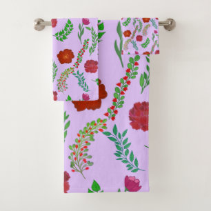 RED PEONY AND POPPY FLOWERS WITH GREEN LEAVES BATH TOWEL SET