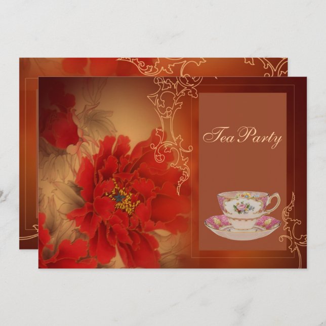 Red Peony Chinese bridal shower tea party Invitation (Front/Back)