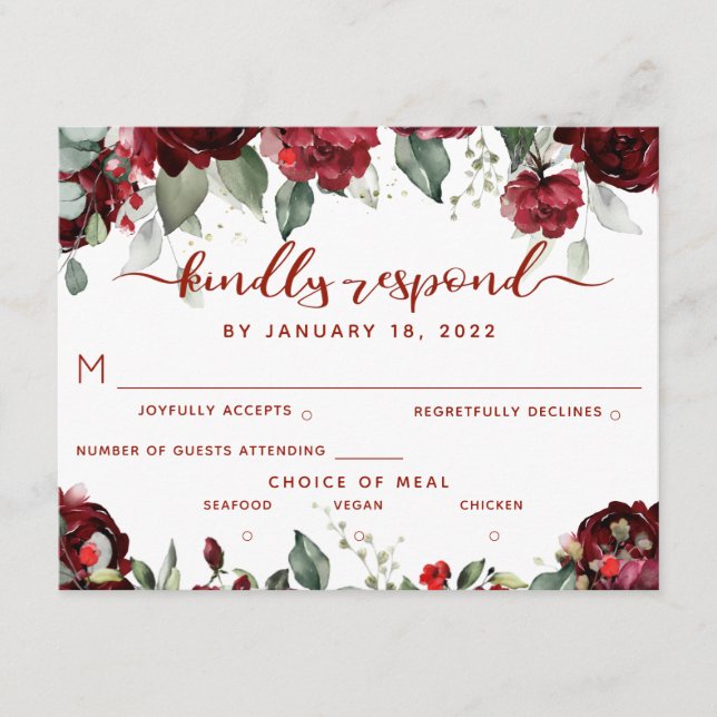 Red Peony Epiphany RSVP Kindly Respond Postcard (Front)