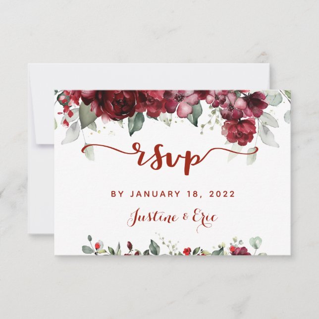 Red Peony Epiphany Wedding Mail Back RSVP Card (Front)