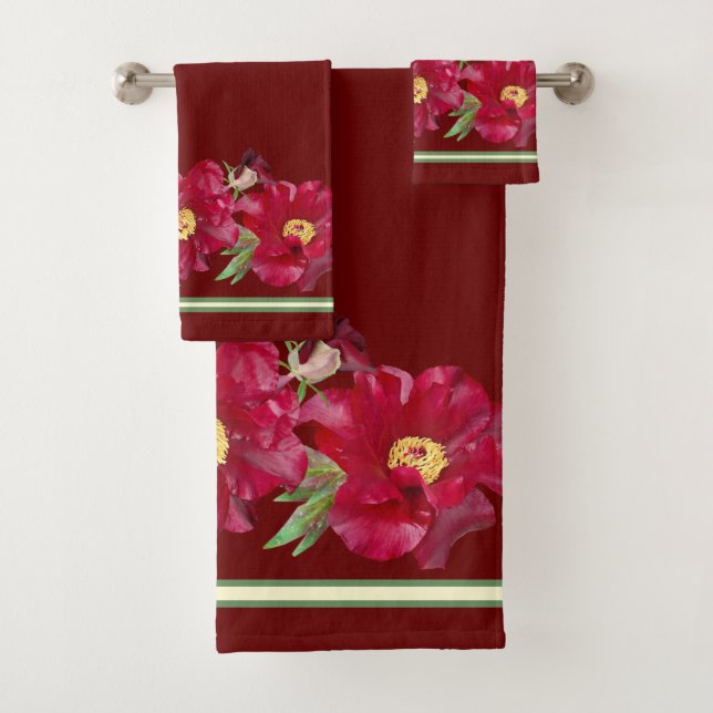 Red Peony Floral Border on Dark Red Background Bath Towel Set (Insitu)