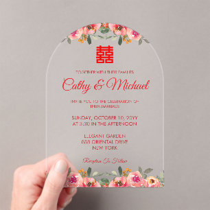 Red peony floral Chinese wedding double happiness Acrylic Invitations
