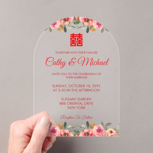 Red peony floral Chinese wedding double happiness Acrylic Invitations (Insitu (Handheld))