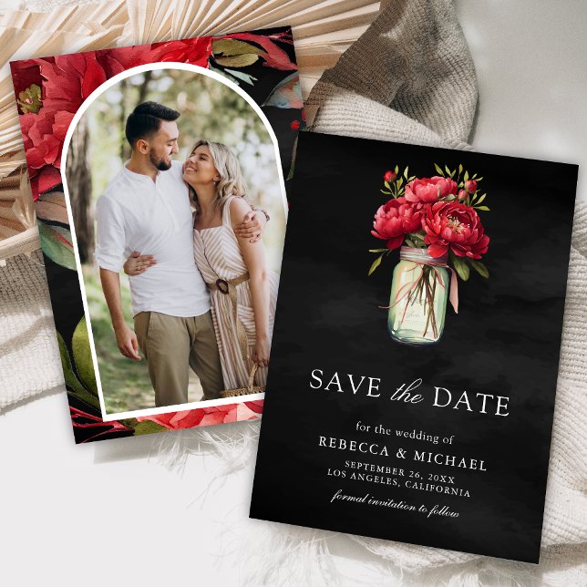 Red Peony Floral Mason Jar Black Wedding Photo Save The Date (Creator Uploaded)