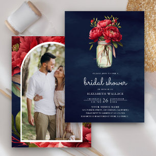 Red Peony Floral Mason Jar Navy Blue Bridal Shower Invitation