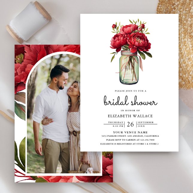 Red Peony Floral Mason Jar Photo Bridal Shower Invitation (Creator Uploaded)