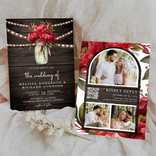 Red Peony Floral Mason Jar QR Code Wood Wedding Invitation