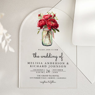 Red Peony Floral Mason Jar Wedding Acrylic Invitations