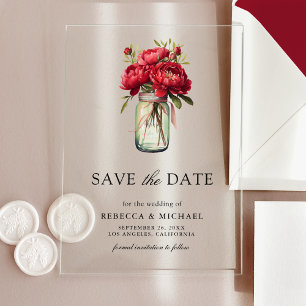 Red Peony Floral Mason Jar Wedding Save the Date Acrylic Invitations