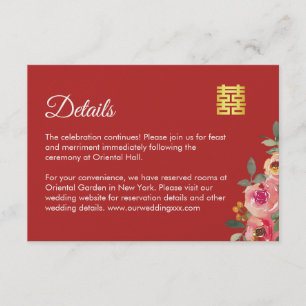 Red peony floral modern Chinese wedding details Enclosure Card