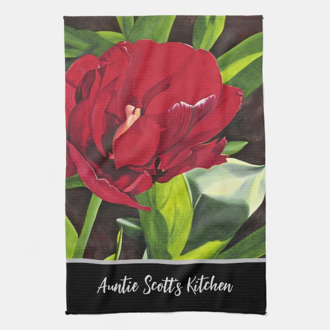 Red Peony Floral Tea Towel (Vertical)