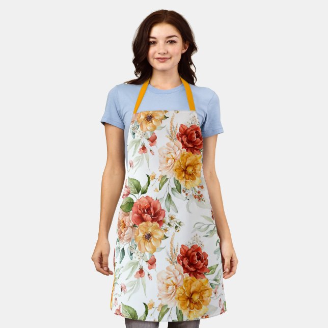 Red Peony Flower Bouquet Pattern Apron (Worn)