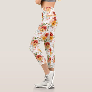 Red Peony Flower Bouquet Pattern Capri Leggings