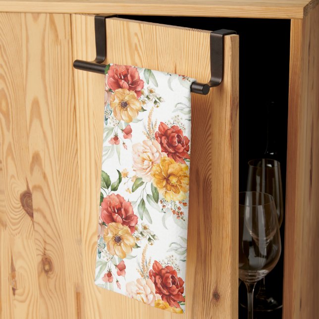 Red Peony Flower Bouquet Pattern Tea Towel (Thirds Fold)