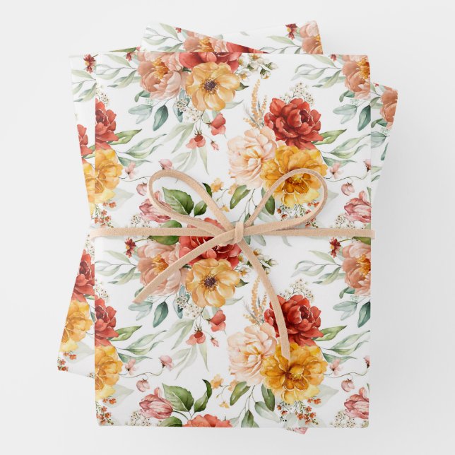 Red Peony Flower Bouquet Pattern Wrapping Paper Sheet (In situ)