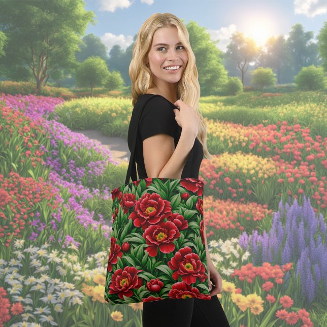 Red Peony Flower Tote Bag (Red Peony flowers tote bag)