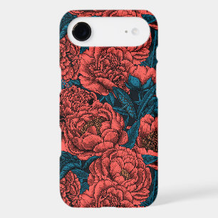 Red peony flowers and moths