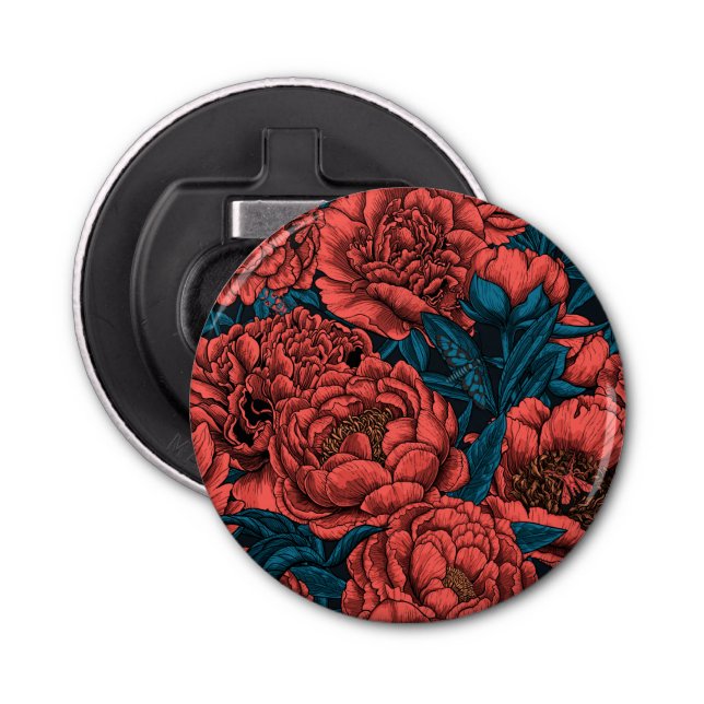 Red peony flowers and moths bottle opener (Front)