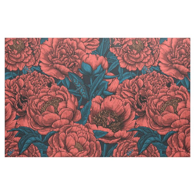 Red peony flowers and moths fabric (Fat Quarter)