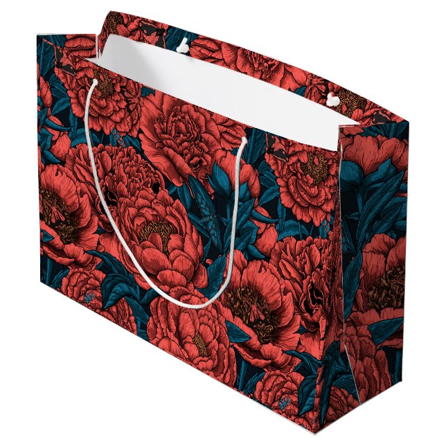 Red peony flowers and moths large gift bag (Back Angled)