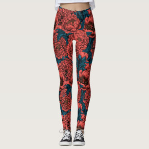 Red peony flowers and moths leggings