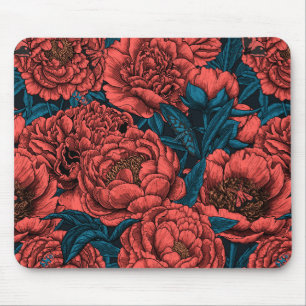 Red peony flowers and moths mouse pad