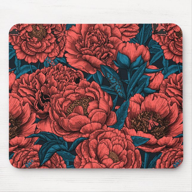 Red peony flowers and moths mouse pad (Front)