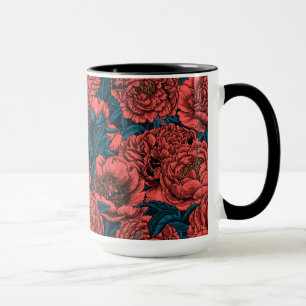Red peony flowers and moths mug