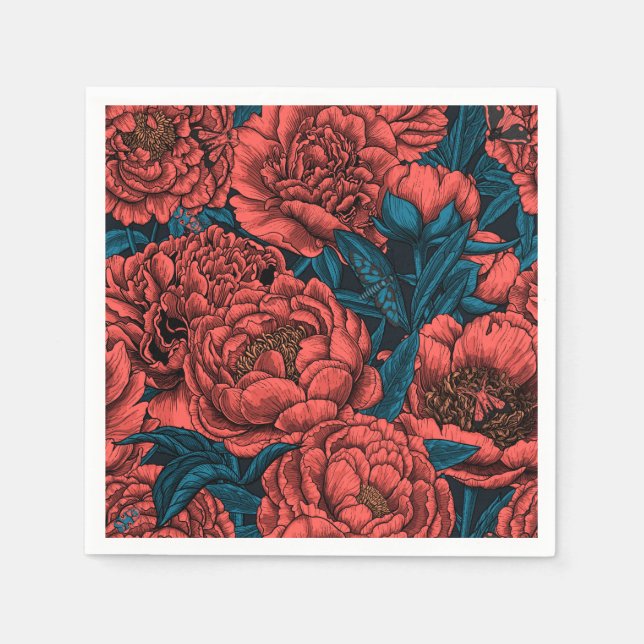 Red peony flowers and moths napkin (Front)