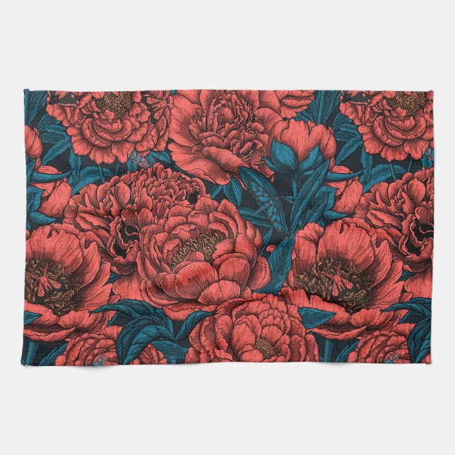 Red peony flowers and moths tea towel (Horizontal)