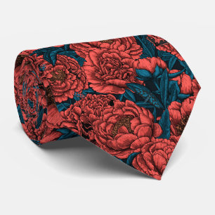 Red peony flowers and moths tie