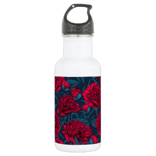 Red peony garden on dark blue 532 ml water bottle