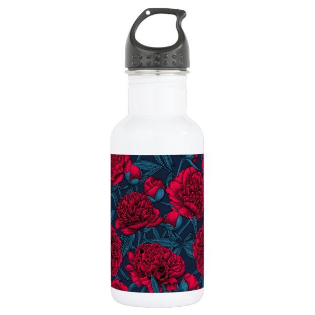 Red peony garden on dark blue 532 ml water bottle (Front)