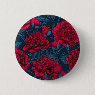 Red peony garden on dark blue 6 cm round badge