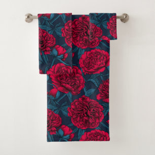 Red peony garden on dark blue bath towel set
