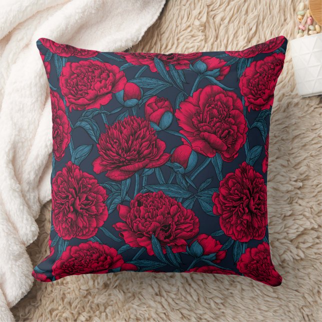 Red peony garden on dark blue cushion (Blanket)