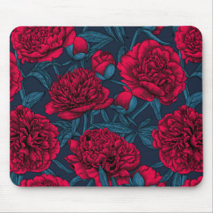 Red peony garden on dark blue mouse pad