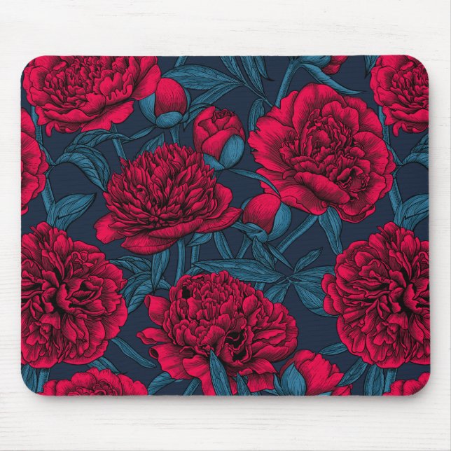 Red peony garden on dark blue mouse pad (Front)