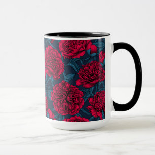 Red peony garden on dark blue mug
