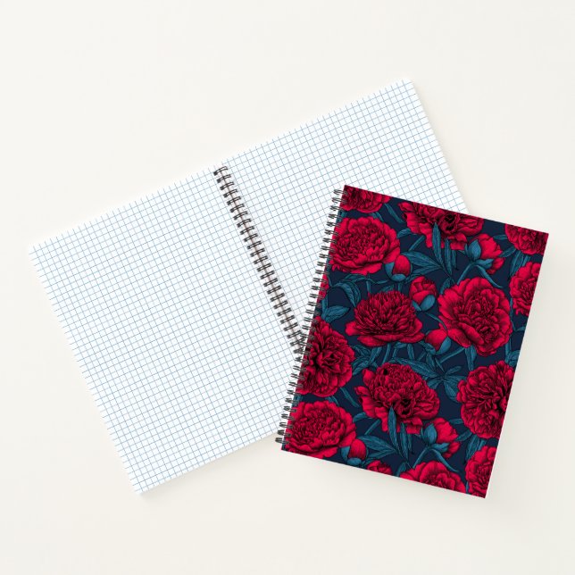 Red peony garden on dark blue notebook (Inside)