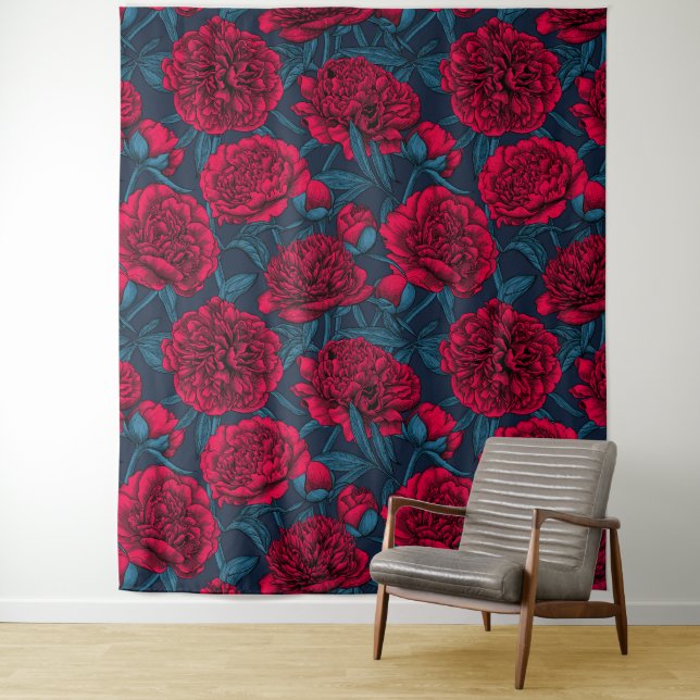Red peony garden on dark blue tapestry (In Situ)