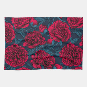 Red peony garden on dark blue tea towel