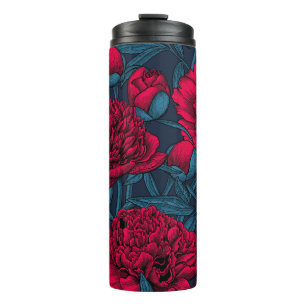 Red peony garden on dark blue thermal tumbler