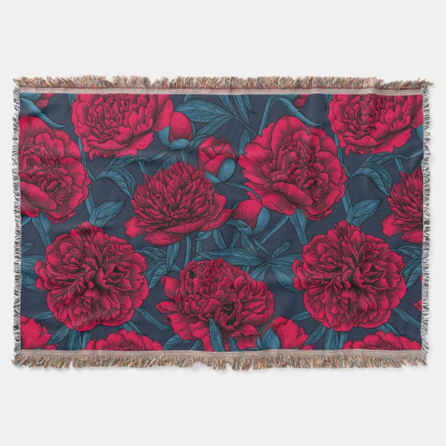 Red peony garden on dark blue throw blanket (Front)