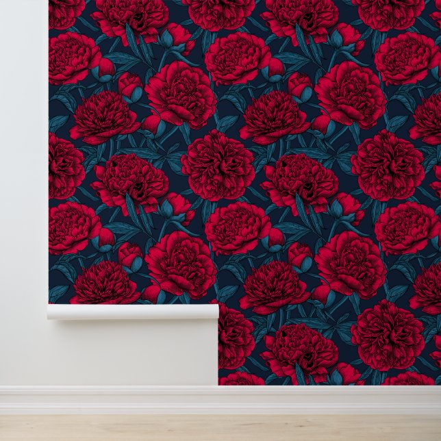 Red peony garden on dark blue wallpaper (Application)