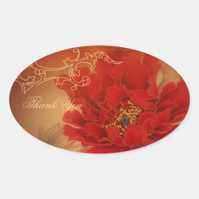 Red Peony Happiness Chinese wedding thank you Oval Sticker (Front)