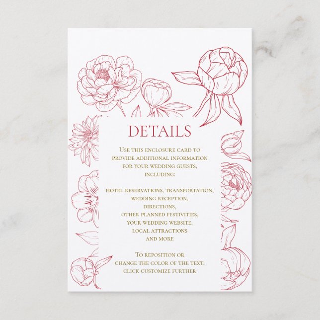 Red Peony Line Drawing Wedding Invitation, Details Enclosure Card (Front)