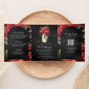 Red Peony Mason Jar QR Code Charcoal Wedding Tri-Fold Invitation